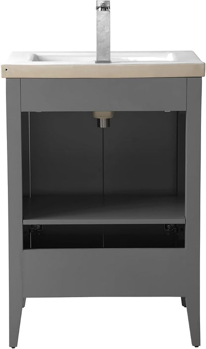 Vanity Art 24 inch Bathroom Vanity with Single Sink & Ceramic Top, Vanity Cabinet with Soft-Closing Door, Solid Wood Frame, Linear Pattern, Cashmere Gray, VA9124-G-MB,Matte Black Handles
