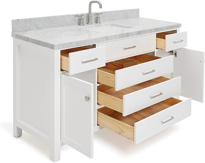 Alenza 60 Inch Bathroom Vanity Single Sink — White Bathroom Vanity with Sink, 1.5" Edge Italian Carrara Marble Countertop & Backsplash, 2 Soft-Close Doors, 5 Dovetail Drawers
