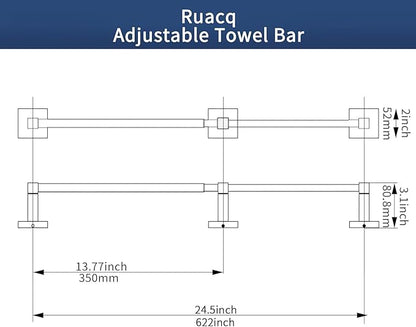 RUACQ Adjustable Towel Bar 13.8 to 24 inch,Square Base Single Towel Racks for Bathroom,Stainless Steel Towel Holder wall Mounted,Sturdy and Rustproof(Matte Black)