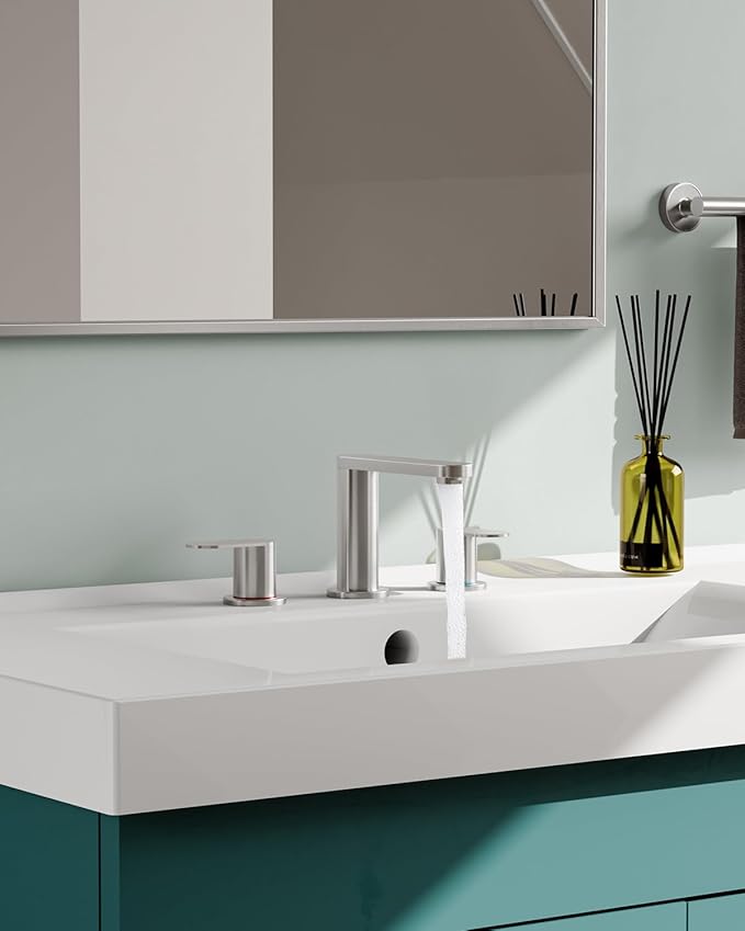 BWE Brushed Nickel Bathroom Faucet for Sink 3 Hole, Stainless Steel Widespread Bathroom Faucets with Pop-up Drain and Supply Lines, 360° Swivel Spout 2-Handle Bathroom Sink Faucet for Bath Vanity