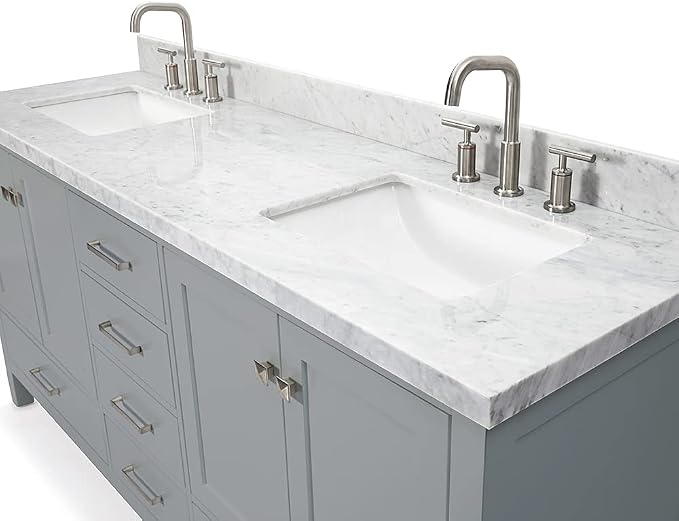 ARIEL Cambridge 72-inch Bathroom Vanity with Sink,Solid Wood, 1.5-inch Italian Carrara Marble Countertop, Double Rectangular Porcelain Sink, 4 Soft Closing Doors, 6 Dovetail Drawers, Grey