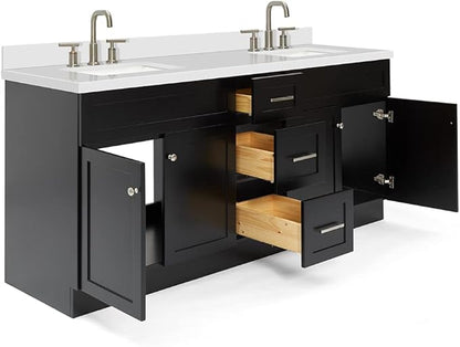 ARIEL Hamlet 72-inch Bathroom Vanity with Sink,Solid Wood, 1.5-inch Pure White Quartz Countertop & Backsplash, Double Rectangular Porcelain Sink, 4 Soft Closing Doors, 3 Dovetail Drawers, Black