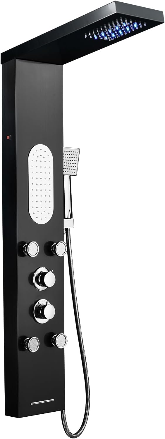 MENATT LED Shower Panel Tower System Stainless Steel,5 in 1 Shower Panels with 4 pcs Body Massage Jets,Body Waterfall Spray,Handheld Shower and Tub Spout,Black