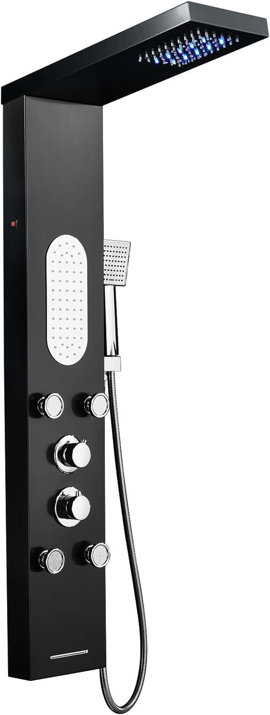 MENATT LED Shower Panel Tower System Stainless Steel,5 in 1 Shower Panels with 4 pcs Body Massage Jets,Body Waterfall Spray,Handheld Shower and Tub Spout,Black