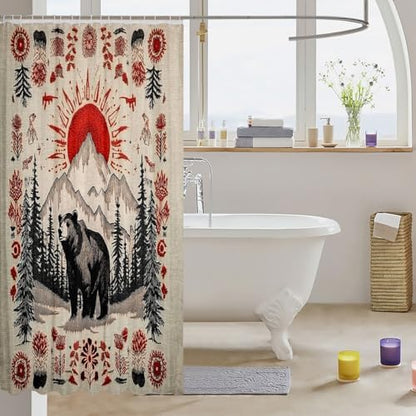 Lodge Cabin Bear Shower Curtain for Bathroom Decor Country Rustic Bath Curtain for Stalls Bathtubs Western Boho Bathroom Accessories Botanical Floral Waterproof Polyester Fabric with 12 Hooks 72"x78"