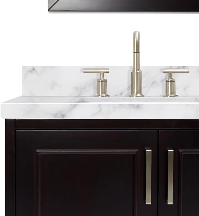 ARIEL Stafford 84-inch Bathroom Vanity with Sink,Solid Wood, 1.5-inch Italian Carrara Marble Countertop, Double Rectangular Porcelain Sink, 5 Soft Closing Doors, 6 Dovetail Drawers, Espresso