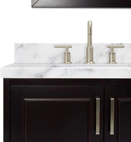 ARIEL Stafford 84-inch Bathroom Vanity with Sink,Solid Wood, 1.5-inch Italian Carrara Marble Countertop, Double Rectangular Porcelain Sink, 5 Soft Closing Doors, 6 Dovetail Drawers, Espresso