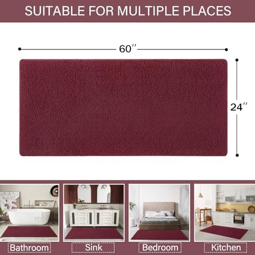 LOCHAS Luxury Bathroom Rug Shaggy Bath Mat 24 x 60 Inch, Burgundy