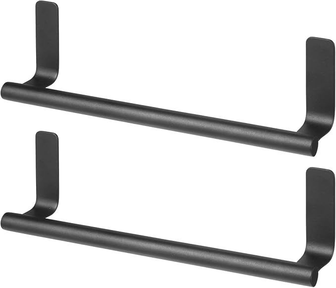 mDesign Steel Wall-Mounted Towel Rack Storage Holder - Self-Adhesive Space Saving Towel Bar for Bathroom, Kitchen - Holds Hand Towels - Stick on Doors or Cabinet - Omni Collection - 2 Pack - Black