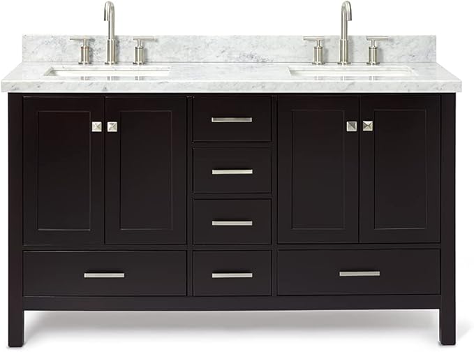 ARIEL Cambridge 60-inch Bathroom Vanity with Sink,Solid Wood, 1.5-inch Italian Carrara Marble Countertop, Double Rectangular Porcelain Sink, 4 Soft Closing Doors, 6 Dovetail Drawers, Espresso