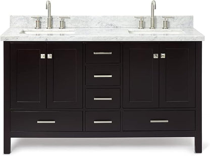 ARIEL Cambridge 60-inch Bathroom Vanity with Sink,Solid Wood, 1.5-inch Italian Carrara Marble Countertop, Double Rectangular Porcelain Sink, 4 Soft Closing Doors, 6 Dovetail Drawers, Espresso