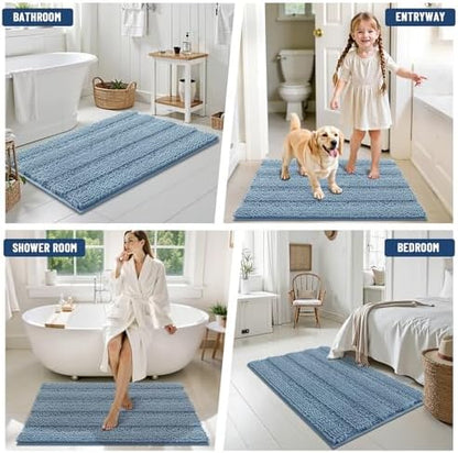 Grandaily Chenille Striped Bathroom Rugs 44x32, Extra Thick and Soft Absorbent Bath Mats, Rubber Backing, Plush Shaggy Shower Carpet, Machine Wash Dry, Bath Rug for Bathroom, Airy Blue