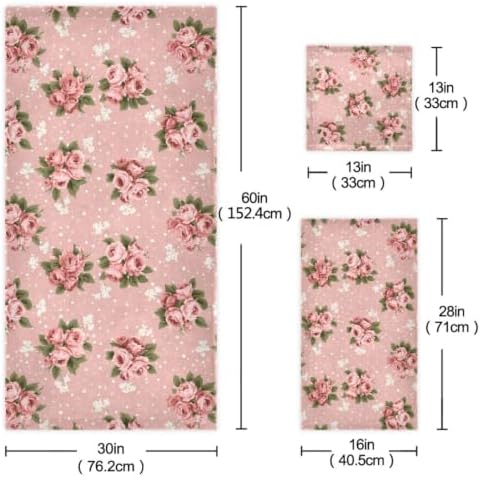 Naanle Beautiful Vintage Rose Floral Soft Luxury Decorative 3 Pieces Towels Set, 1 Bath Towel+1 Hand Towel+1 Washcloth, Multipurpose for Bathroom, Hotel, Gym, Spa and Kitchen