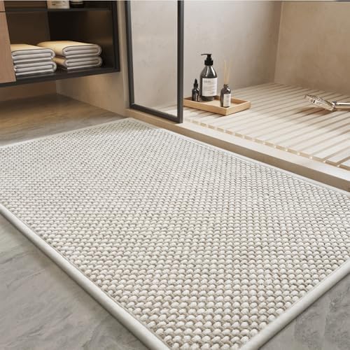 PADOOR-Bath Mat-Super Absorbent Chenille Bathroom Mats-Rubber Backed Bath Mats for Bathroom Non Slip, Easy Clean Bathroom Rugs Front of Bathtub,Shower Room,Sink-17×35, Beige&Cream