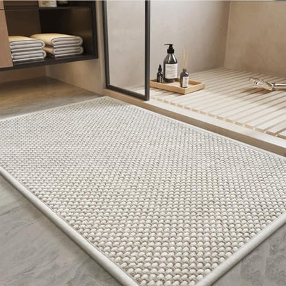 PADOOR-Bath Mat-Super Absorbent Chenille Bathroom Mats-Rubber Backed Bath Mats for Bathroom Non Slip, Easy Clean Bathroom Rugs Front of Bathtub,Shower Room,Sink-17×35, Beige&Cream