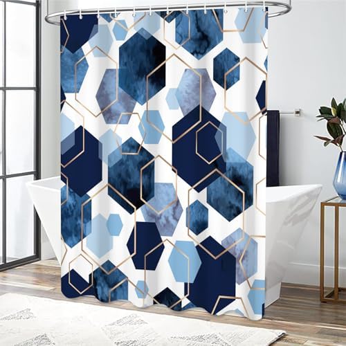 deFouliao Blue Shower Curtain Navy Blue Modern Abstract Geometric Grid Bathroom Curtain Sets for Bathtub Home Decor, Waterproof Fabric Washable with Hooks, 72x72 Inch