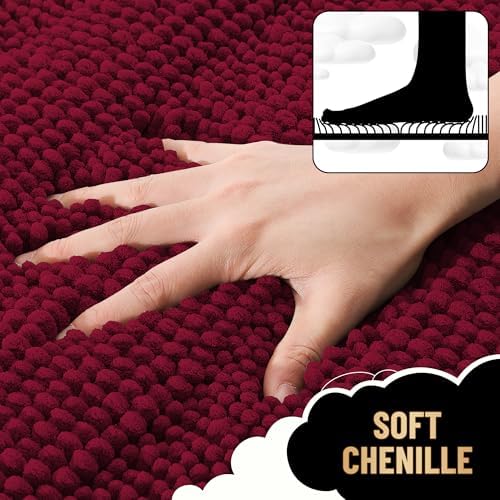 OLANLY Thick Bathroom Rugs 30x20, Soft Chenille Striped Bath Rugs, Burgundy