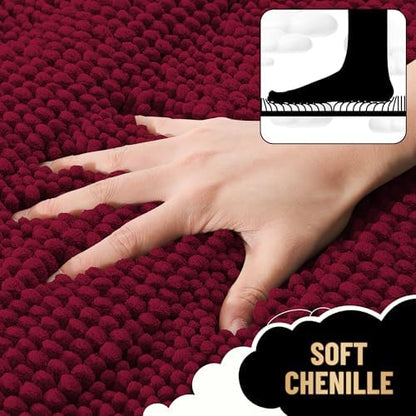 OLANLY Thick Bathroom Rugs 30x20, Soft Chenille Striped Bath Rugs, Burgundy
