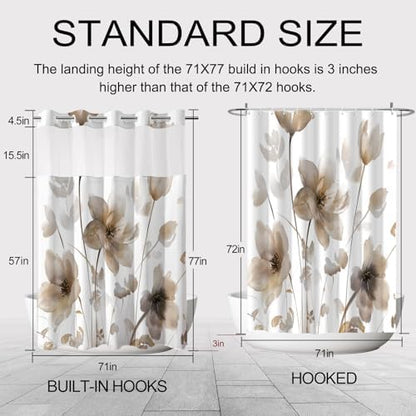 No Hook Shower Curtain and Liner Set, Brown Boho Floral 71x77