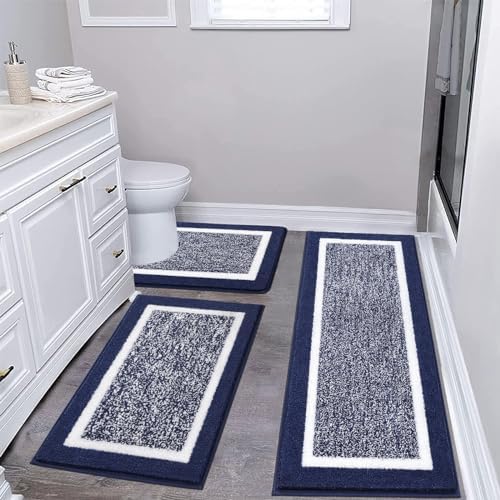 Pauwer Bathroom Rug Sets 3 Piece, Non Slip Washable Bath Mat, Navy