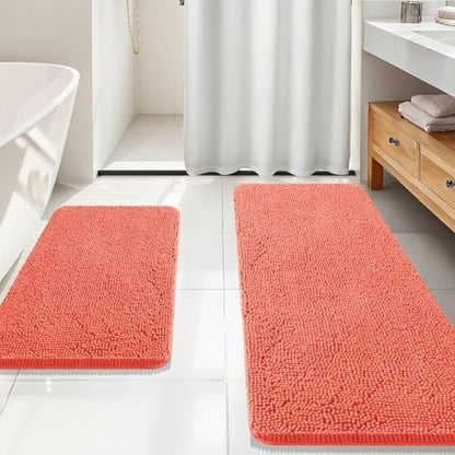 OLANLY Chenille Bathroom Rugs Mats Sets 2 Piece, 59"x20"+30"x20", Coral