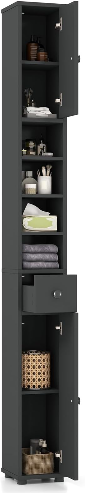 GIANTEX 71” Tall Slim Bathroom Storage Cabinet (Grey) | Narrow Floor Cabinet with 2 Doors, 5 Adjustable Shelves, 1 Drawer, Anti-Tipping Device for Small Spaces, Living Room, Kitchen