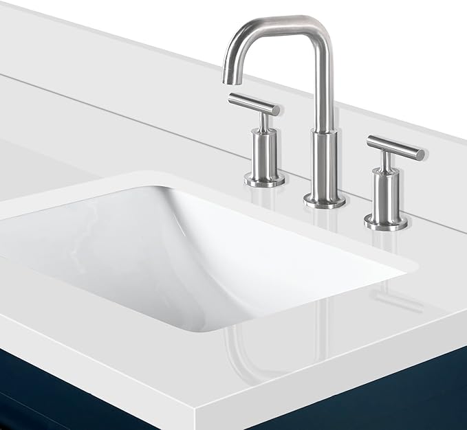 ARIEL Monroe 66-inch Bathroom Vanity with Sink,Solid Wood, 1.5-inch Pure White Quartz Countertop & Backsplash, Double Oval Porcelain Sink, 9 Dovetail Drawers, Brushed Nickel, Midnight Blue