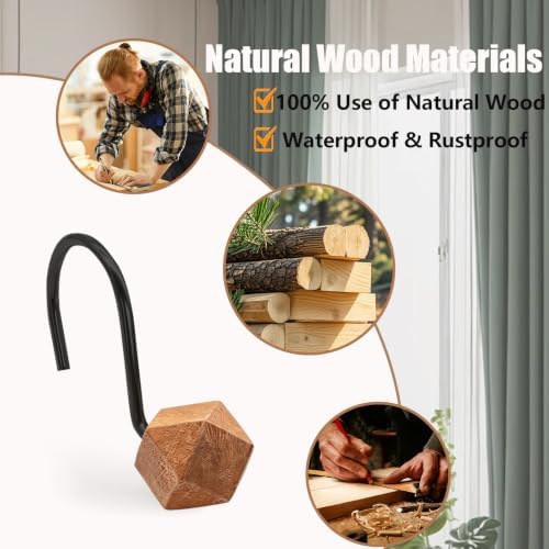 Decorative Shower Curtain Hooks, Wood Shower Curtain Rings, Modern Polygon Wood Shower Curtain Hangers, 12PCS Shower Hooks for Shower Curtain Rod, Bathroom, Bedroom, Living Room (Black)