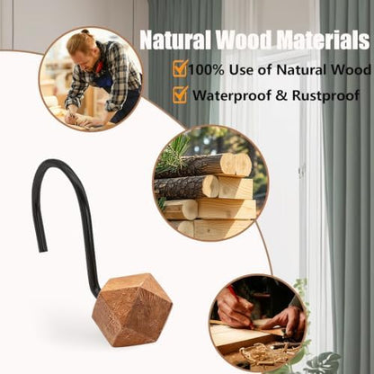Decorative Shower Curtain Hooks, Wood Shower Curtain Rings, Modern Polygon Wood Shower Curtain Hangers, 12PCS Shower Hooks for Shower Curtain Rod, Bathroom, Bedroom, Living Room (Black)