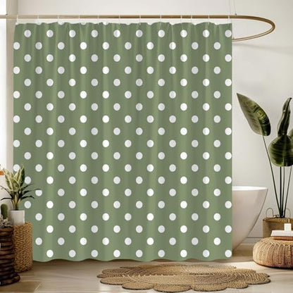 Polka Dot Shower Curtain Sage Green White Retro Spot Vintage Fabric Decorative Bathroom Curtains with Hooks,70" Wx84 H