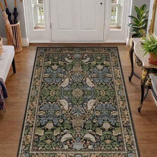 Large Entryway Rugs Indoor - 3x5 Washable Rugs for Kitchen Bedroom Beside Bed Door Mat Indoor Entrance with Moody Woodland Flowers, Non Slip Stain Resistant Low Pile