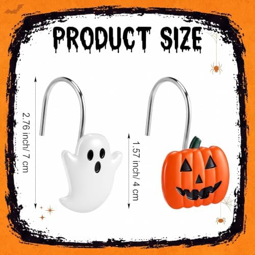 Thyle 12 pcs Halloween Shower Curtain Hooks Decorative Resin Ghost and Pumpkin Shower Curtain Rings Metal Hangers Bathroom Holiday Decoration Accessories for Bathroom Halloween Party