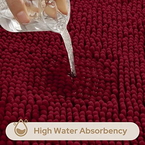 HOMEIDEAS Burgundy Chenille Bathroom Rugs Set of 3, Non Slip Bath Mat