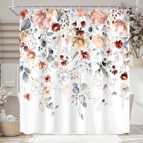 Floral Coral Pink Colorful Blue Eucalyptus Bathroom Shower Curtain Set