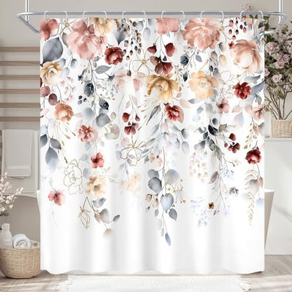 Floral Coral Pink Colorful Blue Eucalyptus Bathroom Shower Curtain Set