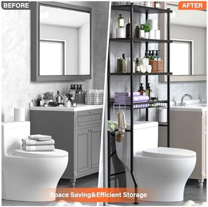 4-Tier Over-The-Toilet Storage Rack, Bathroom Organizer Shelf Over Toilet With Shelf Waterproof Feet Pad And Basket, Multifunctional Space Saver Bathroom Shelves Above Toilet for Room (Black)