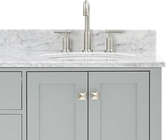 ARIEL Cambridge 66-inch Bathroom Vanity with Sink,Solid Wood, 0.75-inch Italian Carrara Marble Countertop & Backsplash, Double Oval Porcelain Sink, 4 Soft Closing Doors, 6 Dovetail Drawers, Grey