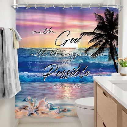 Ocean Coastal Bible Verse Sunrise Beach Quotes Bathroom Shower Curtain Set