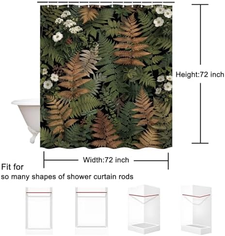Botanical Fern Shower Curtain 72x72 Inch, Dark Green Nature Leaf Bathroom Curtain with Gold Fern Pattern Waterproof Fabric Bath Curtain Set with 12 Hooks for Home Decor