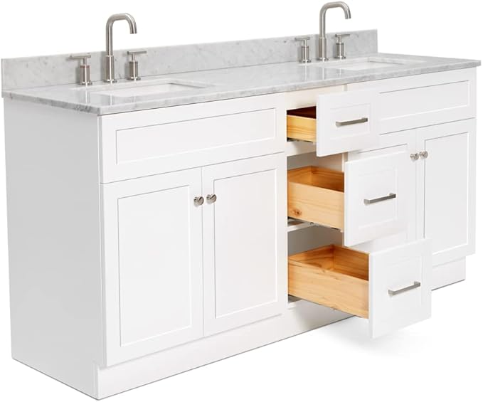 ARIEL Hamlet 72-inch Bathroom Vanity with Sink,Solid Wood, 0.75-inch Italian Carrara Marble Countertop & Backsplash, Double Oval Sink, 4 Soft Closing Doors, 3 Dovetail Drawers, White
