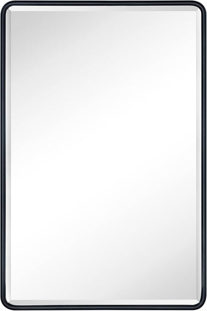TEHOME Surface Mount 16x24 Black Bathroom Medicine Cabinet with Mirror Matt Black Metal Framed Rounded Rectangle Medicine Cabinet with Beveled Mirror