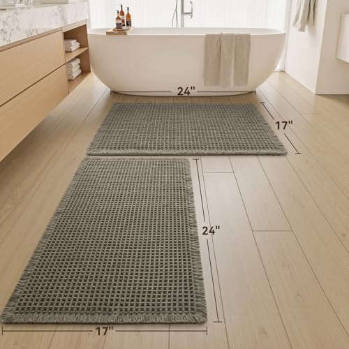 Upgraded Waffle Bath Mat Set of 2 Absorbent Non Slip Bathroom Mat 17" x 24"