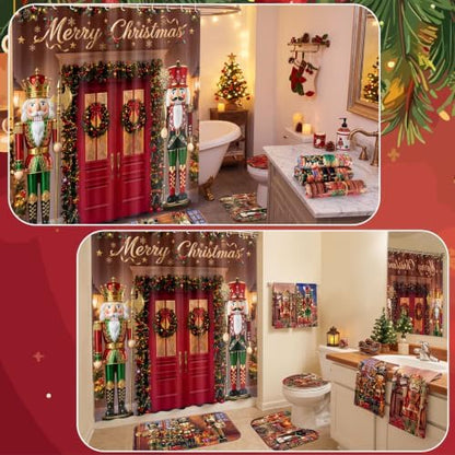 FuWeave 8 Pcs Christmas Shower Curtain Set for Bathroom Decor Include Vintage Nutcracker Xmas Tree Towels Christmas Non Slip Wreath Gift Rugs Toilet Lid Cover Poinsettia Bath Mat and 12 Hooks