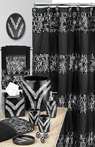 Zahari Home 2pc Sinatra Black Modern Bath Accessories Set Waste Basket & Tissue Box Modern Decorative Beautiful Designs Bathroom Decor Set for Home Luxury Bath Set Mosaic Glass