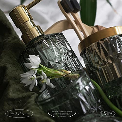 EMPO 6PCS Bathroom Clear Glass Accessories Set (Lotion Soap Dispenser, Soap Dish, Toothbrush Holder, Tumbler, Cotton Swab Jar), Contemporary Modern Decor Crystal Vintage Gift (6pcs Green)