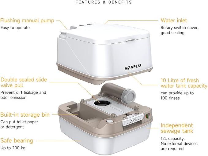 SEAFLO 12L Premium Portable Travel Toilet - 3.2 Gallon Waste Tank, 2.6 Gallon Fresh Water Tank, Manual Flush, Camping RV Travel, Compact Outdoor Emergency Toilet, SFPT-12-03, 4-Year Warranty