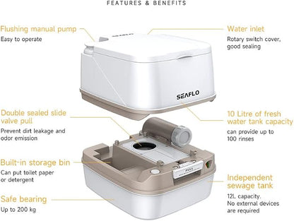 SEAFLO 12L Premium Portable Travel Toilet - 3.2 Gallon Waste Tank, 2.6 Gallon Fresh Water Tank, Manual Flush, Camping RV Travel, Compact Outdoor Emergency Toilet, SFPT-12-03, 4-Year Warranty
