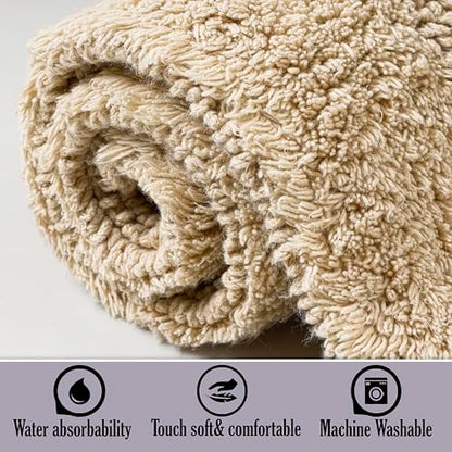 KEMA Soft 100% Cotton Linen Bath Mat 17"x24" - Regular Use Rectangular Spa Mat Rug Plush Water Absorbent, Decorative Border for Bathroom Vanity, Bathtub/Shower - Machine Washable - 1 Pack