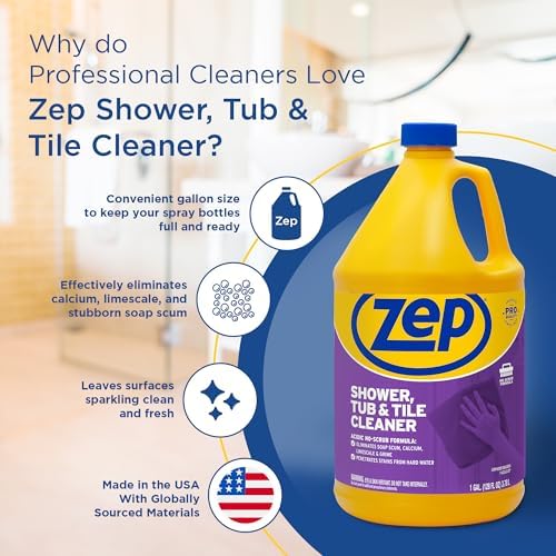 Zep Shower, Tub and Tile Cleaner - 1 Gallon (Case of 4) ZUSTT128 - No Scrub Pro Formula with Acid, Breaks Up Tough Buildup on Contact, Revealing Squeaky Clean Results