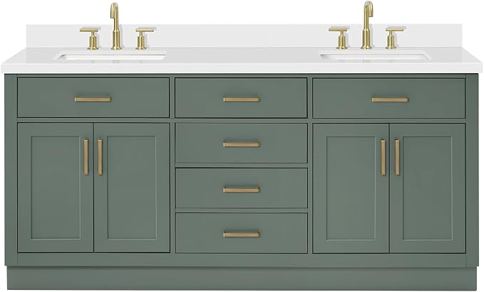 Isabella 72-inch Vintage Green Bathroom Vanity with Left & Right Rectangle Double Sinks, Carrara White Quartz Countertop & Backsplash, Solid Wood Frame, Soft-Closing & Dovetail Drawers